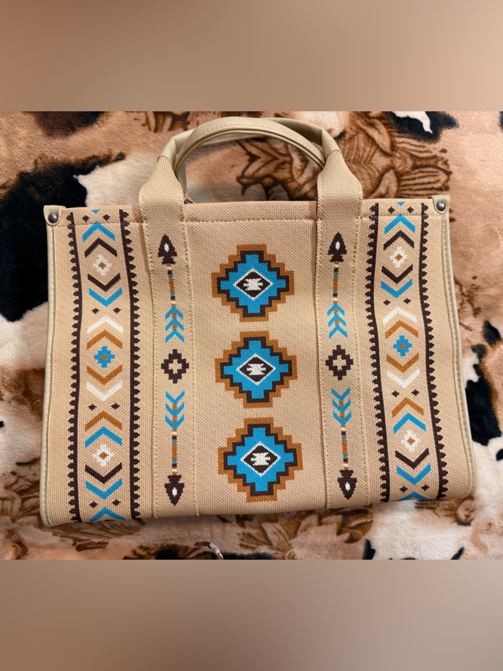 Wrangler Beige Aztec Pattern Canvas Tote Bag with Turquoise Accents
